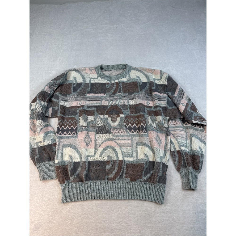 Vintage Sweater  Women's‎ Medium Geometric Cosby Pink Blue Grandpa Knit
